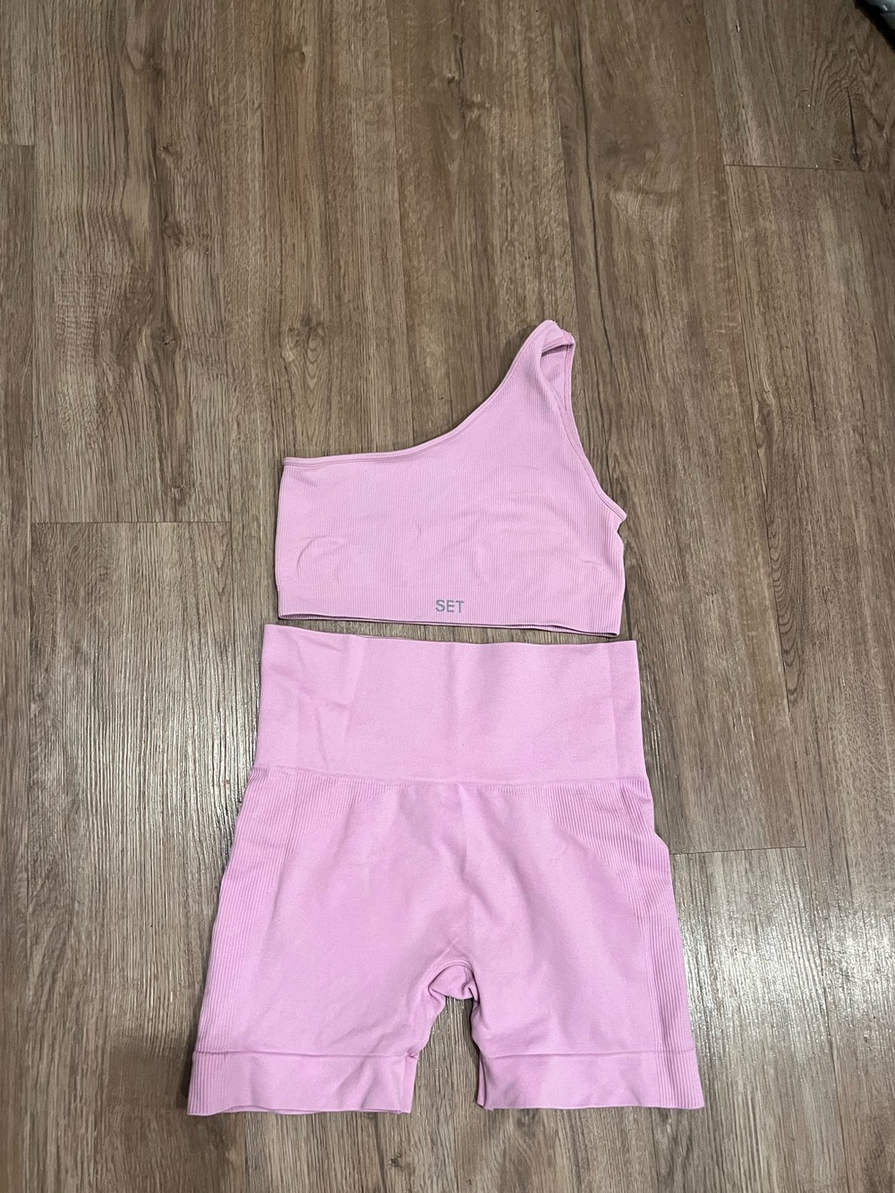 SET Active Pink One-Shoulder Sports Bra and High-Waist Shorts Set